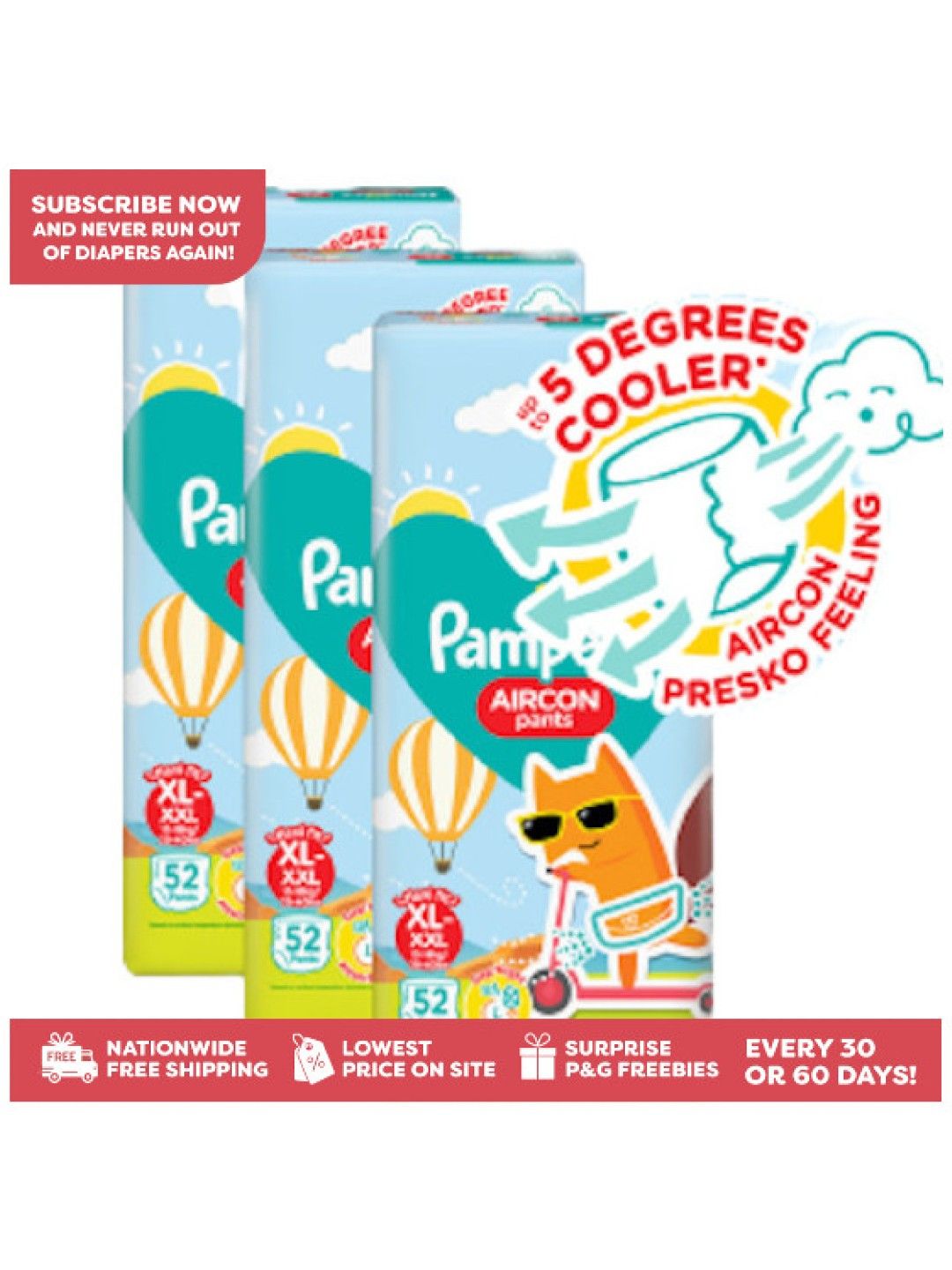 Pampers Aircon Pants XL 52s x 3 packs (156 diapers) Subscription